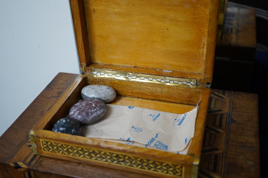 A Victorian walnut and parquetry box, a small group of minerals and an inlaid box, largest 30cm